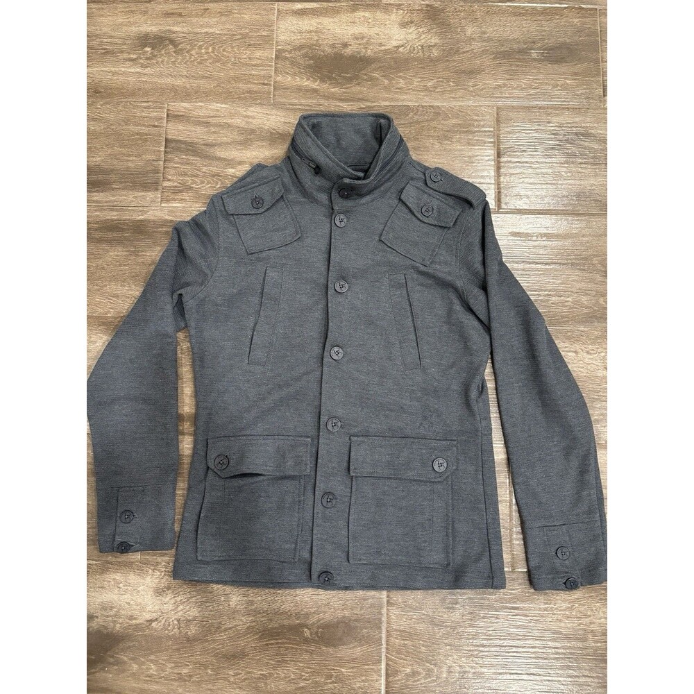 KANE & UNKE Jacket Men's Large Gray Hidden Hood Military Mock‎ Neck Button Up